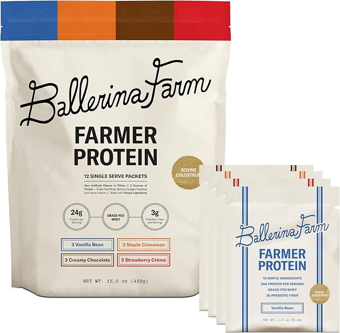 Ballerina Farm Grass Fed Whey Protein Powder 4 Flavor Variety Pack 24g Protein with Collagen Peptides Bovine Colostrum Hemp Hearts &amp Prebiotic Fiber No Artificial Ingredients 12 Servings