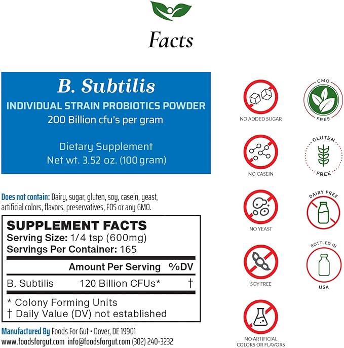 Foods For Gut Bacillus Subtilis Probiotic Powder 200 Billion cfu's | No Additives | Direct from Manufacturer | No Third-Party Storage| Digestive &amp Immune Support | B. Subtilis | 100 Gram (3.52 Oz)