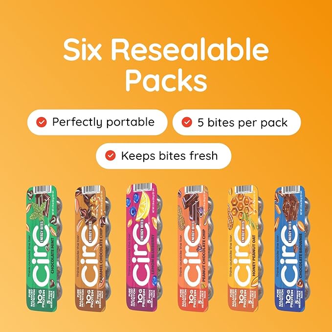 CirC Energy Bites - New Variety 6 Pack Gluten Free Protein Balls - 10g Protein Whole Grains Nuts &amp Fruit - Portable Healthy Snacks for Adults &amp Kids 5 Piece Resealable Packs