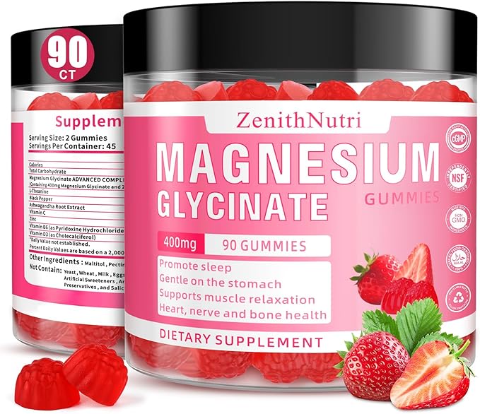 Magnesium Glycinate Gummies 400 mg with AshwagandhaMagnesium Malate &amp L-Theanine for Women Men &amp Kids AdultsChewable Complex Supplements for SleepCalmNervesHeartMuscles90 Count