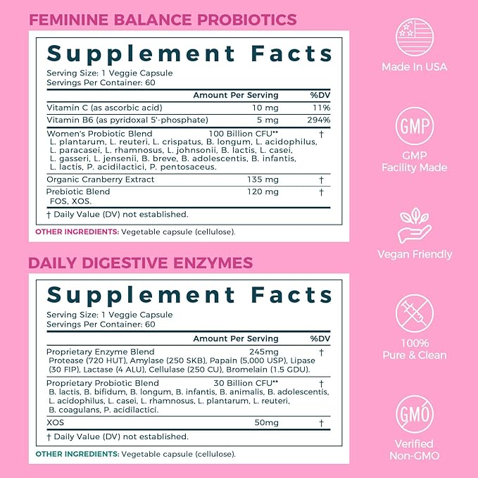 NewRhythm Digestion &amp Feminine Health Bundle Probiotics Prebiotics Digestive Enzymes Cranberry Vitamin C &amp B6 Bundle &amp Save 60 Capsules Each