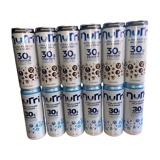 Combo-nurri 12-Pack Ultra-Filtered Chocolate and Vanilla Milk Shake. 6 each 30g Protein 1g Sugar 150 Calories 10 Vitamins and Minerals Per Can | 12-11 Fl Oz Cans Per Package Grade A Lactose-Free