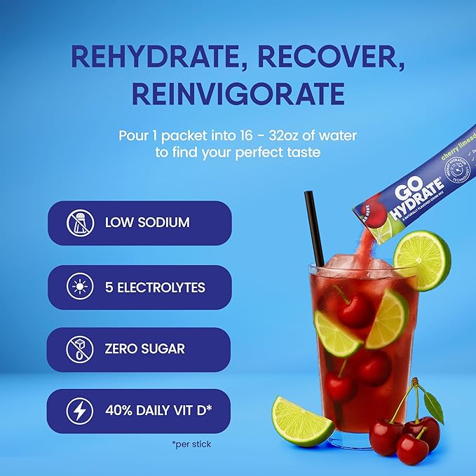 GoHydrate Low Sodium Electrolytes Powder Packets Sugar Free - Instant Hydration Daily Drink Mix - Zero Sugar Water Flavor Packet Singles with Vitamin D - (Cherry Limeade 30 Packs)