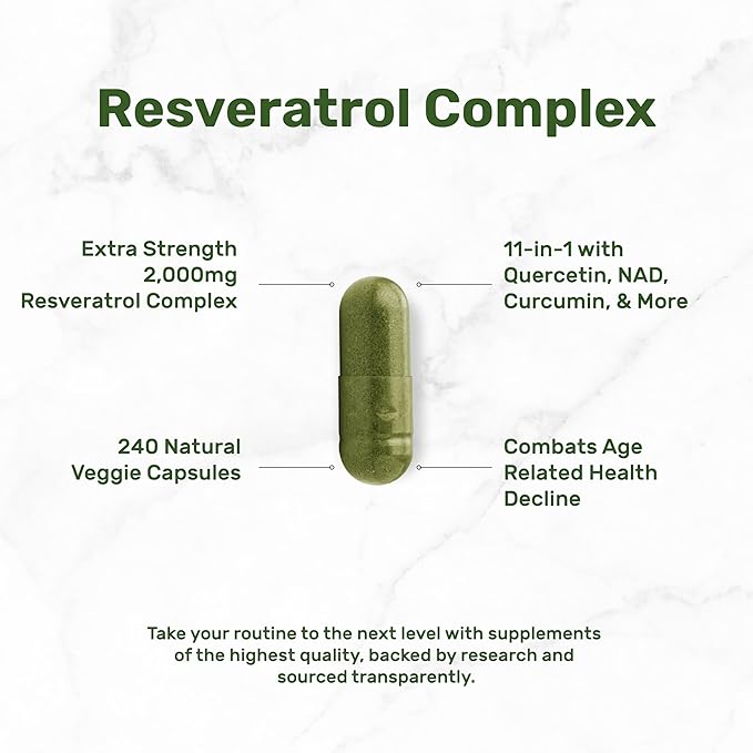 Resveratrol Complex 2000mg 240 Veggie Capsules – Extra Strength Trans-Resveratrol with NAD Quercetin Curcumin Grape Seed &amp More – Healthy Aging Antioxidant for Energy &amp Brain Support