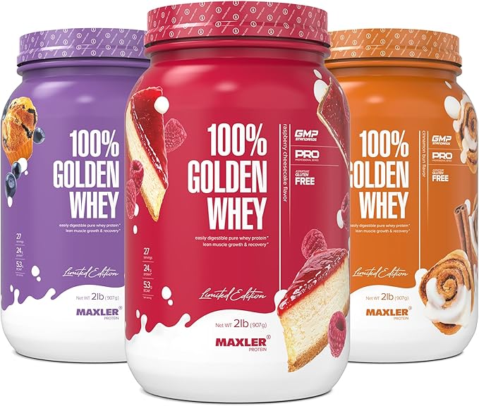 Maxler 100% Golden Whey Raspberry Cheesecake Blueberry Muffin Cinnamon Bun Bundle