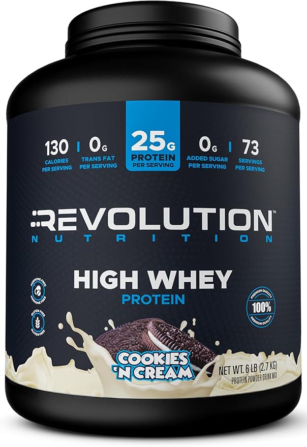 Revolution Nutrition High Whey Protein Powder 6LB Whey Isolate Gluten Free Lean Muscle Mass for Men &amp Women 25g of Protein Per Scoop 2.7kg 73 Servings (Cookies &amp Cream 6 Pound)