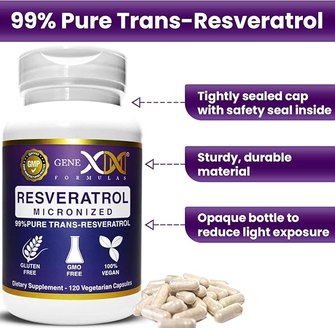 Genex Formulas Trans Resveratrol 1000mg Serving 99% Pure Micronized Pharmaceutical Grade Trans-Resveratrol + Bioperine Extract mad in a GMP &amp NSF Certified Facility (4X 250mg Cpasules 120ct)
