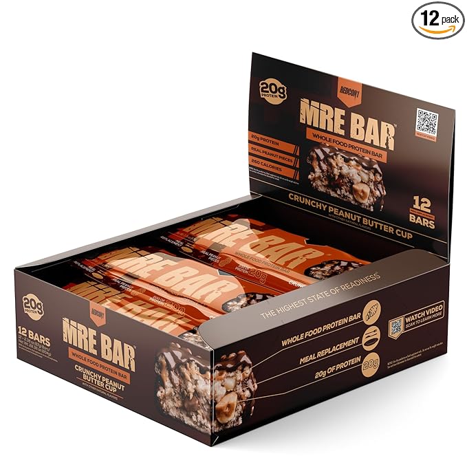 REDCON1 MRE Protein Bar Crunchy Peanut Butter Cup - Contains MCT Oil + 20g of Whole Food Protein - Easily Digestible Macro Balanced Low Sugar Meal Replacement Bar (12 Bars)