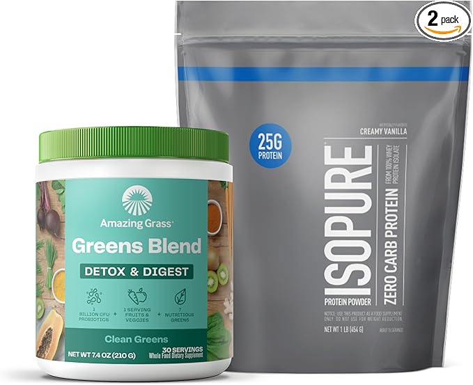 Build Your Smoothie Immunity Bundle with Isopure Zero Carb Creamy Vanilla Protein Powder (15 Servings) and Amazing Grass Greens Blend Detox &amp Digest (30 Servings)