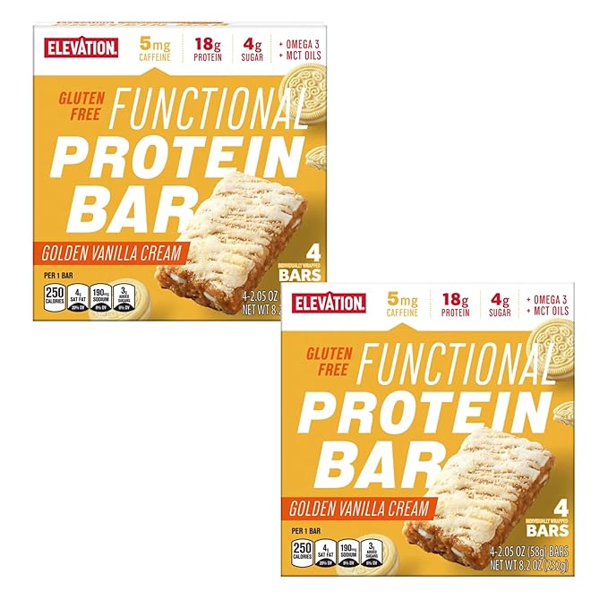 2 PACK DELICIOUS Functional Protein Bar – 4 Bars Golden Vanilla Flavor 🍯 Gluten Free 🌱 19g Protein 💪 MCT &amp Omega-3 Oils for Focus 🧠 Guarana Caffeine for Energy ⚡ – Fortified with Essentia