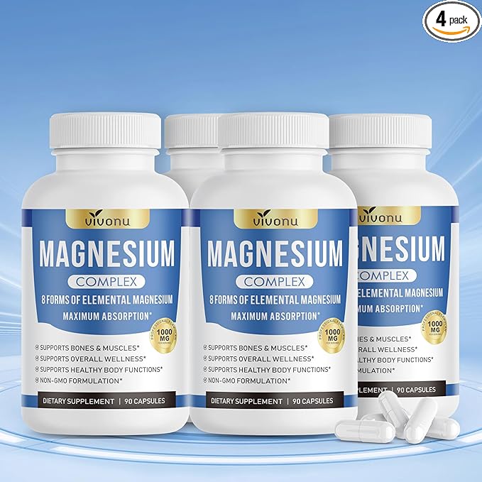 1000mg Magnesium Complex Capsules 8 Elemental with Magnesium Glycinate Citrate Malate Taurate Oxide Carbonate Aspartate Orotate for Bones Muscle Recovery Energy Vegan Non-GMO 4 Bottle