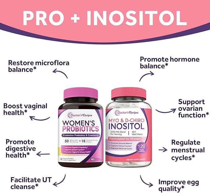 Doctor's Recipes Women’s Probiotics and Inositol Bundle - Gut Vaginal Urinary &amp Reproductive Health for Women