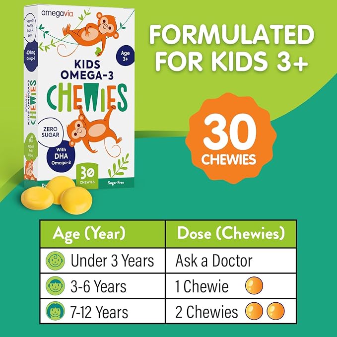 OmegaVia Omega 3 Chewies - Ultra-High DHA Chewables - Omega 3 for Kids Supports Brain &amp Eye Health - Sugar-Free Natural Fruit Flavor - Kids Omega 3 Fish Oil Chewies (30 Count)