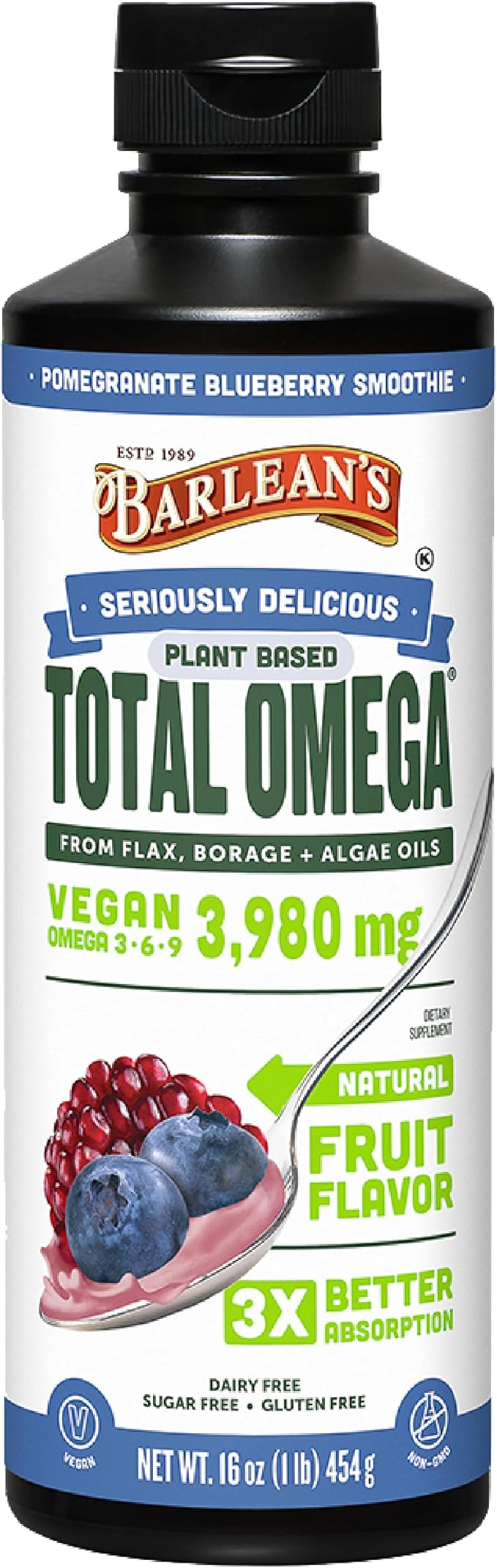 Barlean's Vegan Omega 3 6 9 Flaxseed Borage and Algae Oil Liquid Supplement Pomegranate Blueberry 3980 mg GLA EPA and DHA Fatty Acid Vegan 16 oz