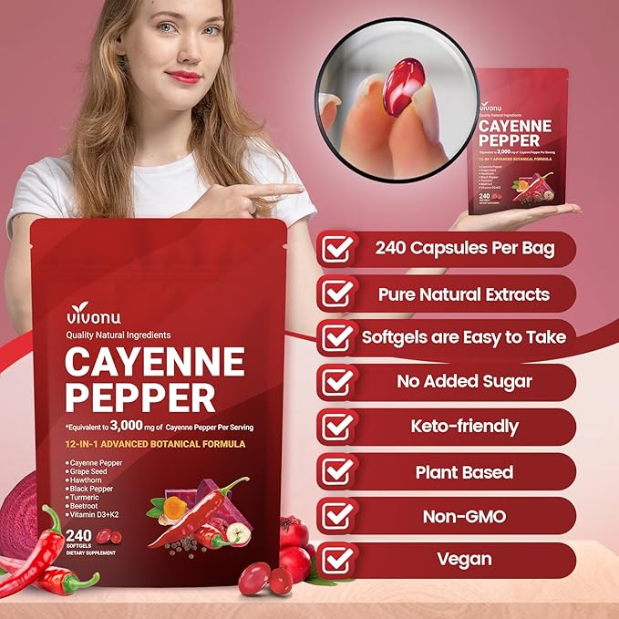 Cayenne Pepper Softgels Supplement with Vitamin E D3+K2 and Extracts of Turmeric Grape Seed Hawthorn Beetroot Berberine and Others Supports Leg Vein Heart and Blood Vessel Health (1 Pack)