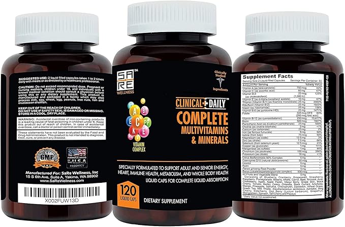 Clinical Daily Complete Whole Food Multivitamin Supplement for Women &amp Men - Complete Liquid Vitamin Absorption! 42 Superfood Fruits Vegetables - Young Adult to Senior - 120 Liquid Capsules