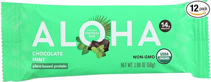 Aloha Organic Chocolate Mint Protein Bars 14g Plant-Based Protein USDA Certified Organic Gluten Free &amp Non-GMO 56 Gm (Pack of 12)