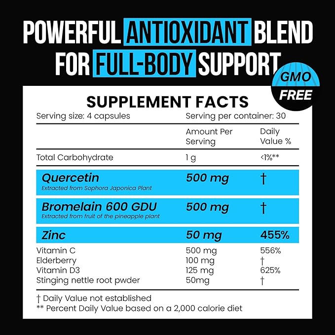 Quercetin with Bromelain 500mg Capsules Supports Immune Response Joint Comfort &amp Overall Wellness - Vitamin C Zinc 50mg &amp Vitamin D3 5000 IU - Immunity Health Pills