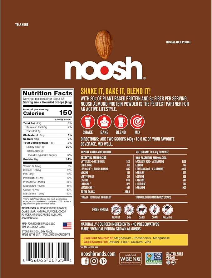 NOOSH Plant Based Almond Protein Powder Chocolate 43 Gram - Vegan Protein Powder All Natural Ingredients Non-GMO Gluten Free Kosher Peanut Free Soy Free Dairy Free (Chocolate)