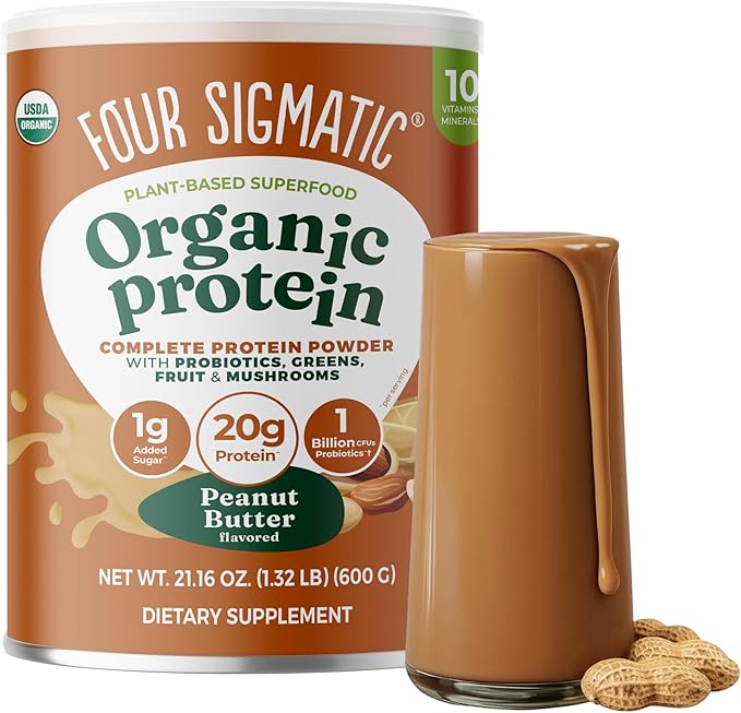 Four Sigmatic Organic Plant-Based Protein Powder | Clean Vegan Protein Elevated with Lion’s Mane Chaga Cordyceps and More for Brain Function and Immune Support | Peanut Butter 21.16 oz
