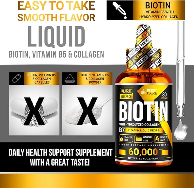Liquid Biotin &amp Collagen Hair Growth Drops 60000mcg - Biotin and Liquid Collagen Supplement for Men &amp Women - Glowing Skin Support Healthy Hair &amp Nail Growth - 2oz