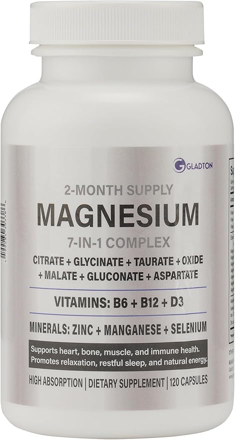 High Absorption Magnesium Complex Supplement 444mg 120Cap | 7 Forms Citrate Glycinate Malate Aspartate Taurate Gluconate Oxide + B6 B12 D3 Zinc Selenium Manganese | Stress Sleep Calm Muscle Heart