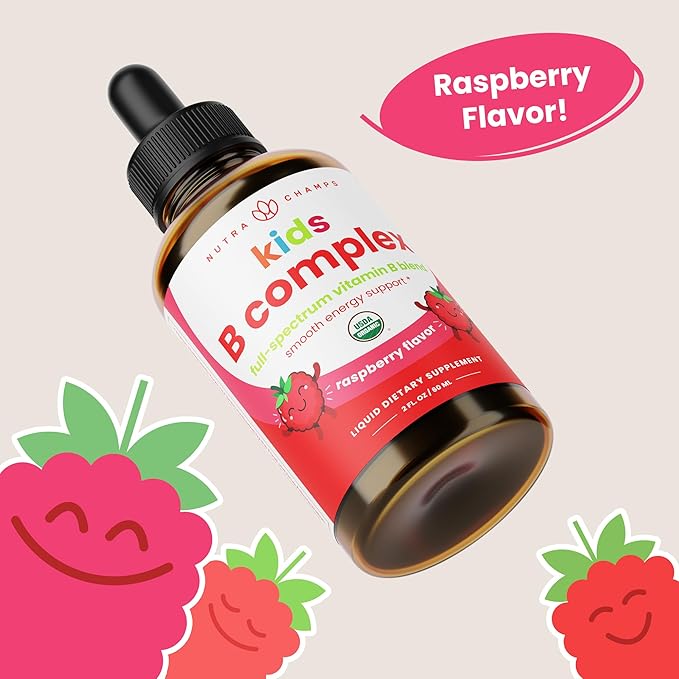 NutraChamps Vitamin B Complex for Kids B1 B2 B3 B6 B7 B9 &amp Methyl B12 Kids B Complex Liquid Drops Supplement Energy Focus Metabolism Natural Berry 120 Servings 4 Month Supply