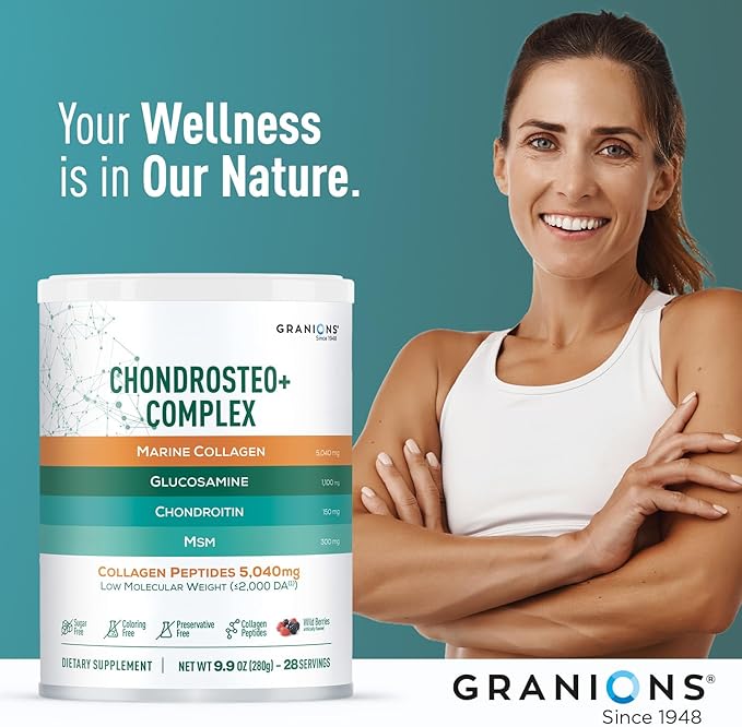 Granions Glucosamine Chondroitin MSM Powder 1550mg – Joint Supplements for Men and Women - Chondrosteo Hydrolyzed Marine Collagen Peptides Essential Vitamins Glucosamine Complex – Wild Berry 9.9oz