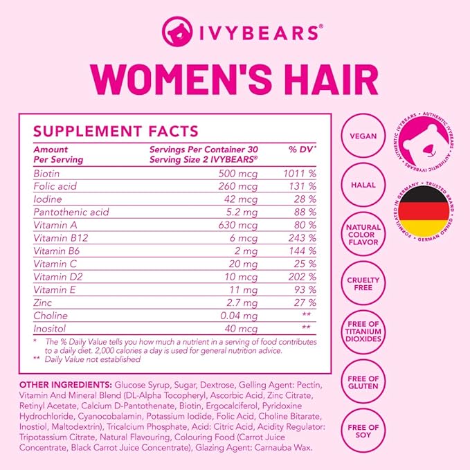 IvyBears® Glow &amp Hair Pack for Women – Hair Vitamin + Glow Tanning Gummies – Vegan Gummies with Biotin Collagen Keratin &amp Beta-Carotene – Hair Growth &amp Natural Tan Support – 60 ct Each