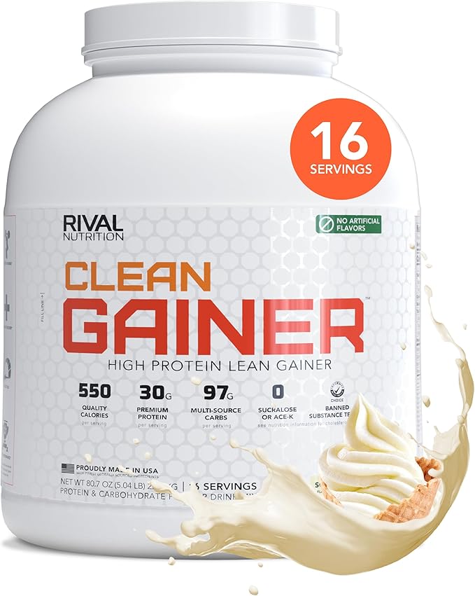 RIVAL NUTRITION Clean Gainer Protein Powder – 5LB Soft Serve Vanilla – High Protein Lean Mass &amp Weight Gainer | 550 Calories 30g Protein 97g Multi-Source Carbs No Artificial Flavor – 16 Serving