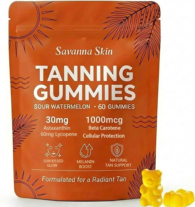 Savanna Skin Sunless Tanning Gummies for Natural Bronze Glow - with Beta Carotene Vitamin C &amp E - Vegan &amp Sugar-Free Skin Hydration Supplement - 60 Count