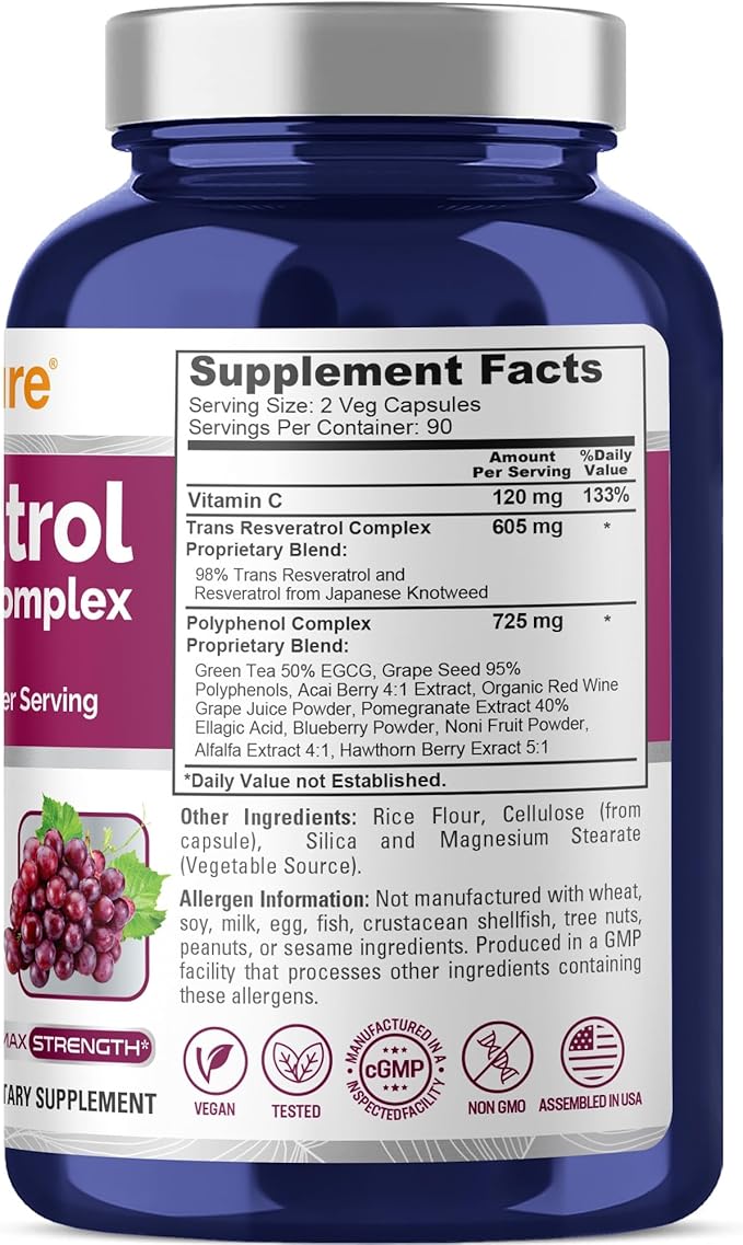 NusaPure Resveratrol &amp Polyphenol Complex 1450mg 180 Vegetarian Caps (Non-GMO Vegan) Vitamin C