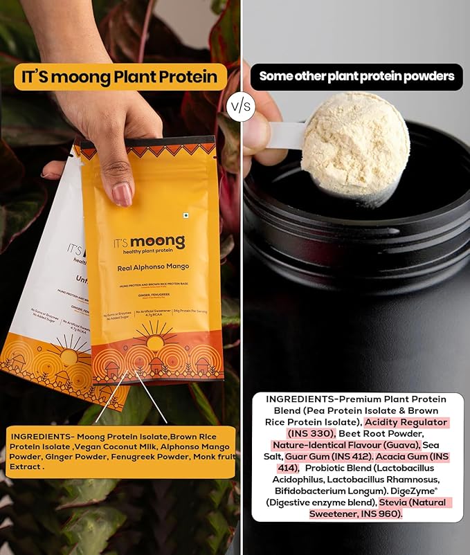 It's Moong Mung Bean &amp Brown Rice Isolate Protein | 24gms per Serve 4.7gms BCAA| Real Alphonso Mango | 500gms | Sprouted Plant Protein | Easy on the Gut Easy Digestibility
