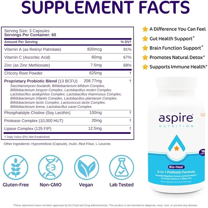 Aspire Nutrition 5-in-1 Bio-Heal® Probiotic for Kids Men &amp Women - Best Supplement for Brain Function Gut Health &amp Constipation - Shelf Stable &amp Fortified with Vitamin Mineral &amp Pre