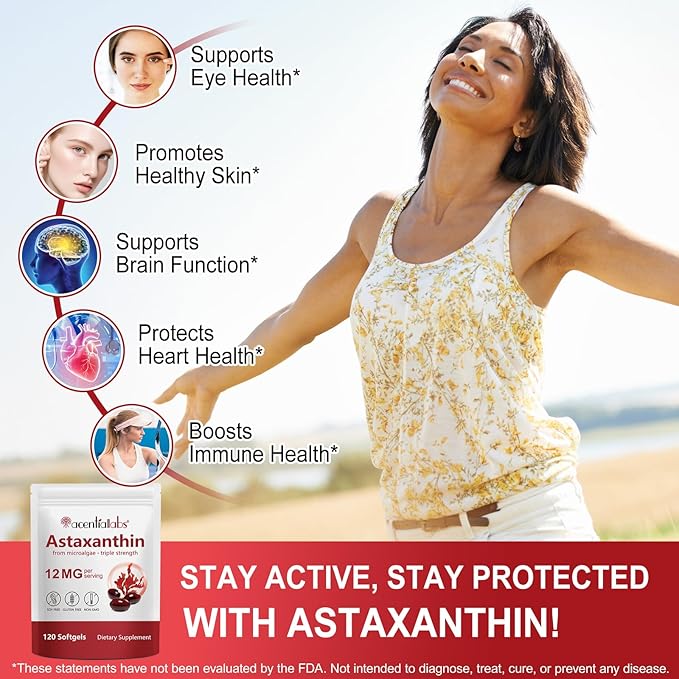 Astaxanthin Supplements 12mg - 120 Softgels | Premium Natural Antioxidant from Microalgae | Eye Skin Brain Joint Heart &amp Immune Health Support | Non-GMO Gluten-Free