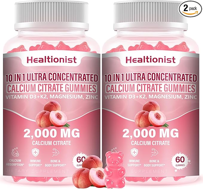 2 Packs 2000mg Calcium Citrate with Vitamin D3 K2 Supplements Gummies for Women &amp Men Magnesium Zinc High Absorption Bone Muscle &amp Immune Support 120 Counts Peach Flavor Gummies