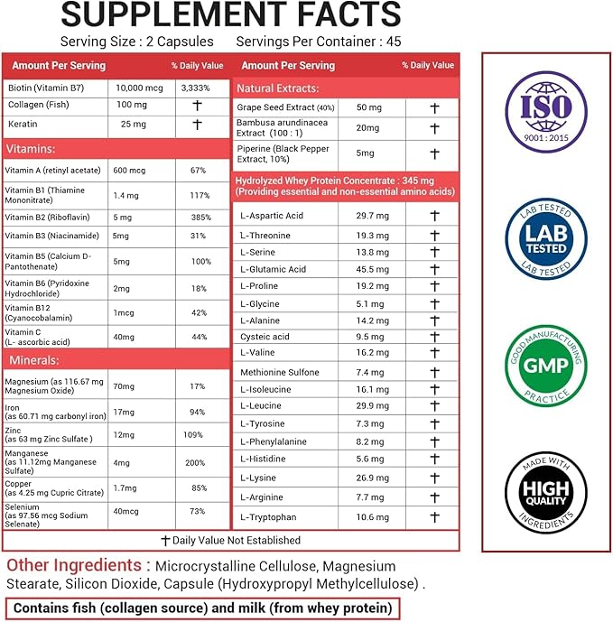 Biotin Collagen Keratin Hair Vitamins Women and Men Biotin for Hair Growth Women Skin and Nails Supplement 25000 mcg with B Vitamins Amino Acids and Minerals Skin and Nail Health 90 Capsules