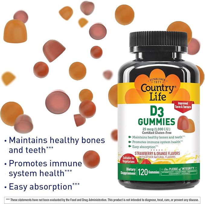Country Life Strawberry &amp Orange D3 Gummies 120 CT