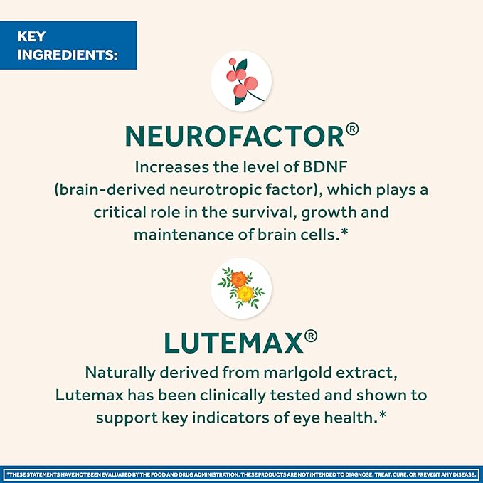 NEURIVA Brain + Eye Supplement for Memory Focus &amp Concentration with Lutein &amp Vitamins A C E and Zinc for Eye Health &amp Zeaxanthin to Filter Blue Light 30ct Capsules (Pack of 2)