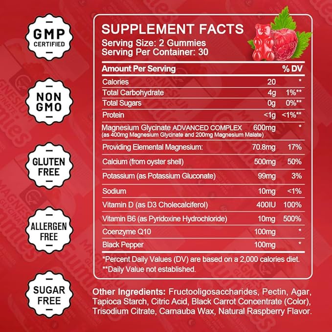 Magnesium Glycinate Gummies 400mg Mg Potassium Supplement with Chelated Magnesium Malate Complex Vitamin D B6 and CoQ10 Supports for Memory Calm Mood &amp Sleep - 60 Count (Pack of 2)