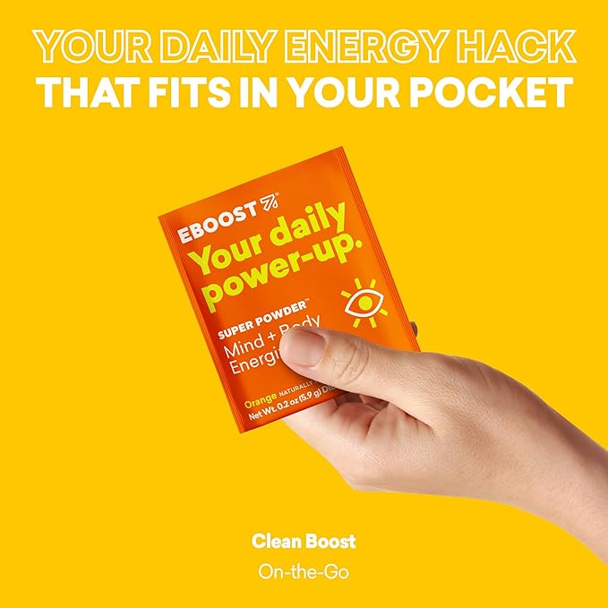 EBOOST Super Powder Drink Mix - Orange 0.2 oz 20 Pack Hydration Energizer Electrolytes Powder - 13 Vitamins &amp Minerals - 110 mg Caffeine - 0 Added Sugar - No Artificial Flavors or Sweeteners