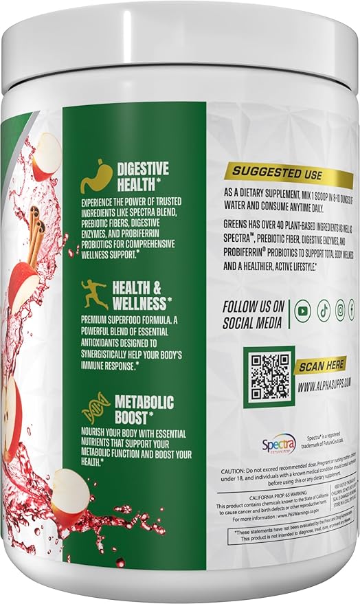 Alpha Supps - Alpha Greens Supplement | Fruit &amp Vegetable Superfood Powder | Over 40 Natural Plant Based Ingredients | Prebiotic &amp Probiotic Digestive Support Blend - 30 Servings (Apple Cinnam