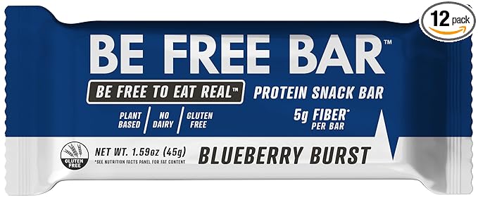 Be Free Bar Blueberry Burst (Box of 12). Award winning Protein Snack Bar made with Real Blueberries Gluten Free Dairy Free Soy Free and Plant Based. 6g Muscle Building Protein and 5g Prebiotic Chic