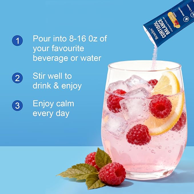 Cortisol Drink Mix Cortisol Supplements for Women Men with Magnesium Glycinate Ashwagandha L-Theanine Vitamin D 3 for Sleep &amp Relaxation On The Go 30 Ct (Raspberry Lemonade Flavor)