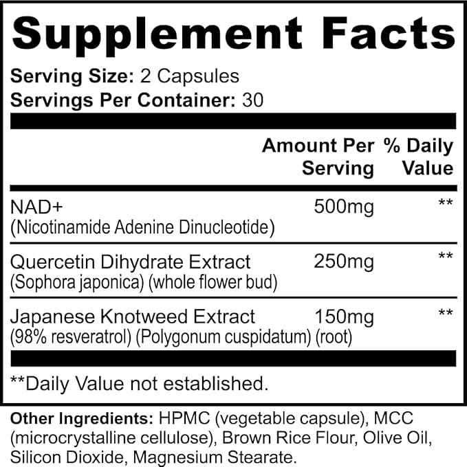 NAD+ Matrix+ Cellular Longevity Formula NAD Supplement 500mg NAD+ Supplements for Men &amp Women Quercetin 250mg Resveratrol 150mg 60 Capsules