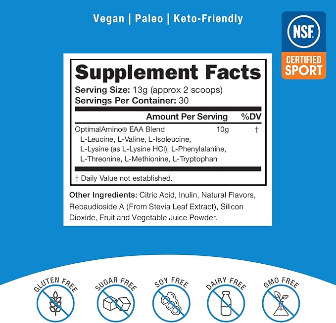 OptimalAmino Amino Acid Powder | 99% Utilized Essential Amino Acid (EAA) Supplement | Pre/Post Workout &amp Muscle Recovery | NSF for Sport Certified | Tangerine Flavor