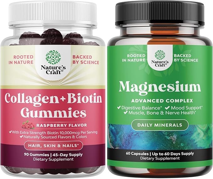 Bundle of Hair Skin and Nails Gummies for Women - Extra Strength Biotin and Collagen Gummies for Women Hair Skin Nails Support and High Absorption Magnesium Complex Supplement for Stomach &amp Digest