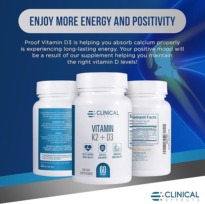 Clinical Effects Vitamin K2 + D3 - K2 + D3 Vitamin Supplement with Bioperine Black Pepper Extract and Calcium for Bone and Heart Health Support - 3 Pack - Max Absorption - Made in The USA