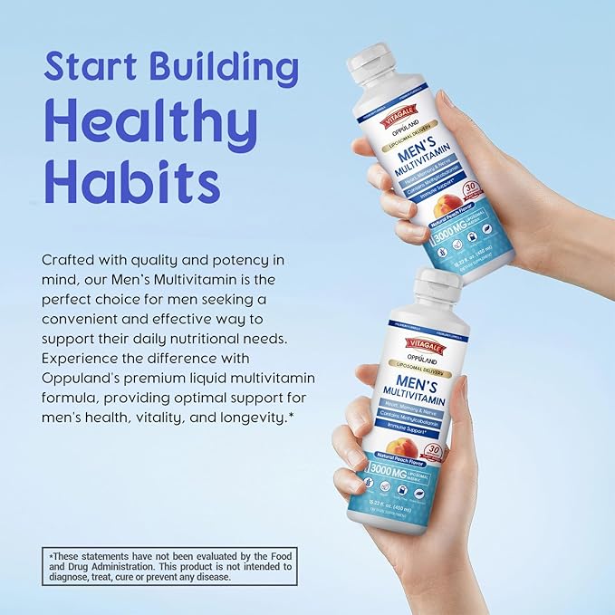 Men's Multivitamin - Liquid Supplement - Liposomal Delivery - Daily Multi Vitamin with Biotin B Complex Omega-3 - Hair &amp Nail Support Vitamin - Peach Flavor - 3000 mg per Serving - 450 mL