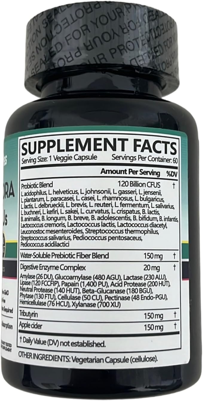 Intestinal Flora Probiotic: 60 Day Supply: 120 Billion CFUs: 36 Selected Strains &amp Prebiotics: Digestive Support: Gluten-Free Non-GMO No Yeast.